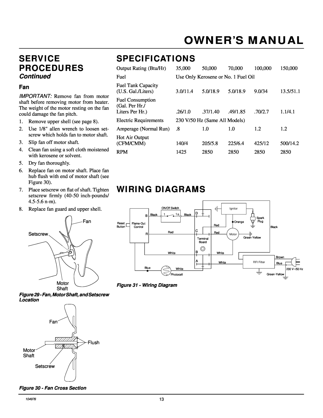Desa NTH70, NTH150, NTH50, NTH100, NTH35 owner manual Specifications, Wiring Diagrams, Service Procedures, Continued 