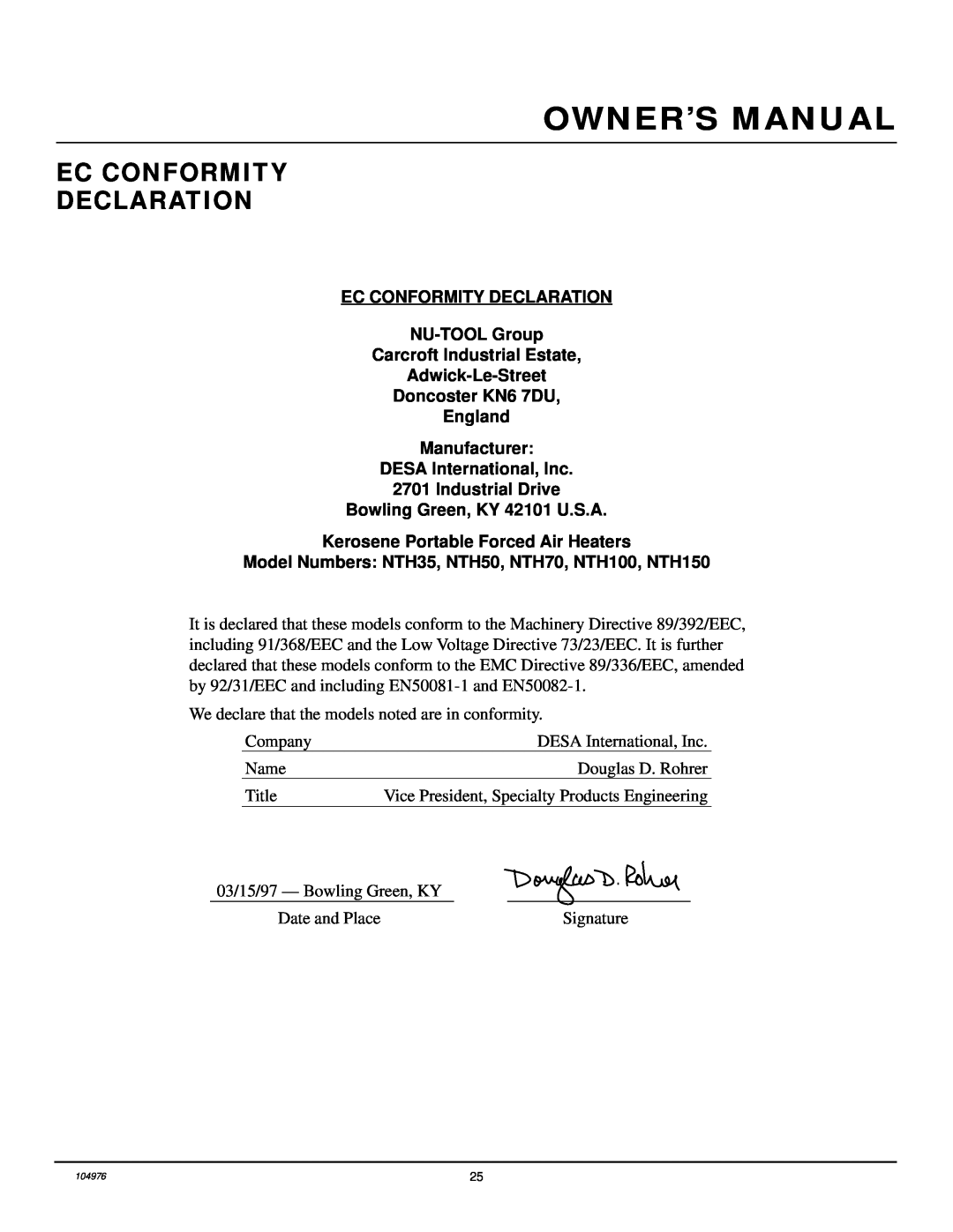Desa NTH150, NTH50, NTH100, NTH70, NTH35 owner manual Ec Conformity Declaration 