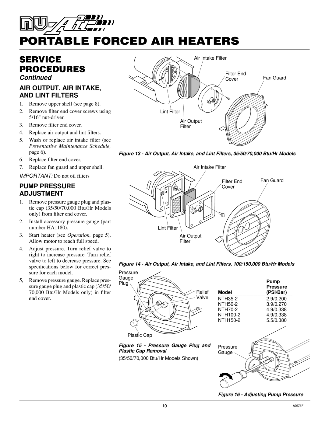 Desa NTH50-2, NTH35-2, NTH100-2, NTH150-2, NTH70-2 AIR OUTPUT, AIR INTAKE, and Lint Filters, Pump Pressure Adjustment 