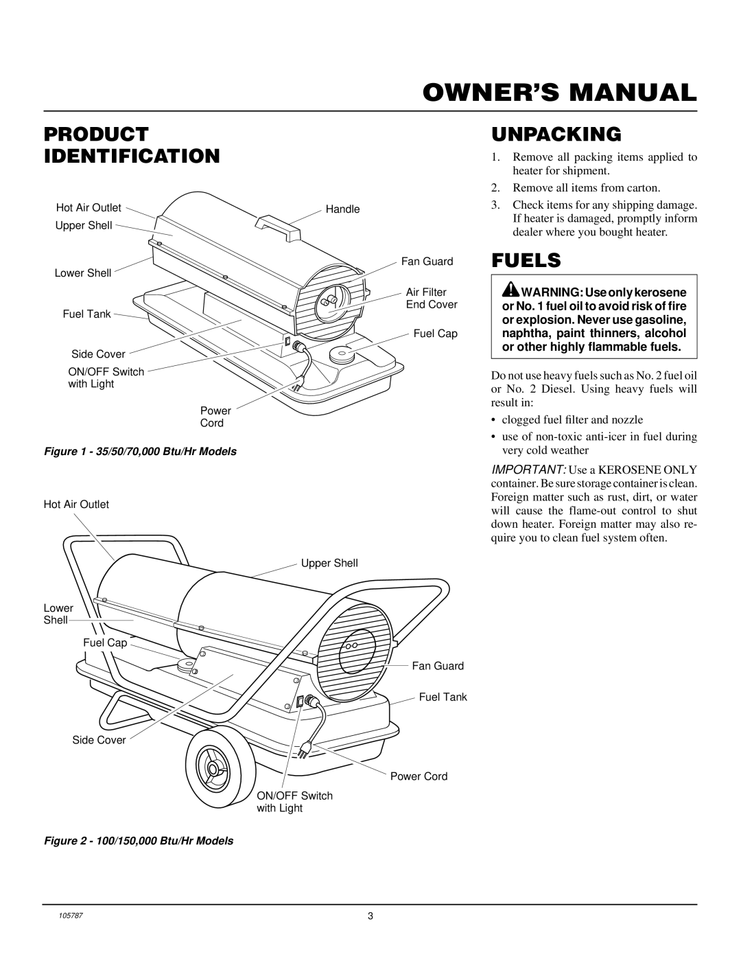 Desa NTH150-2, NTH50-2, NTH35-2, NTH100-2, NTH70-2 owner manual Product Identification, Unpacking, Fuels 