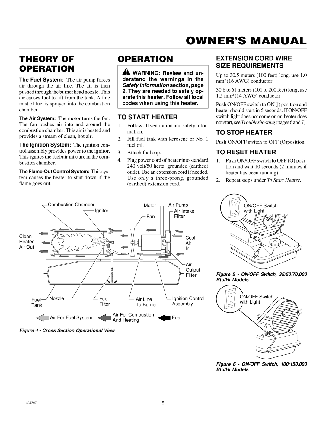 Desa NTH50-2 Theory Operation, To Start Heater, Extension Cord Wire Size Requirements, To Stop Heater, To Reset Heater 