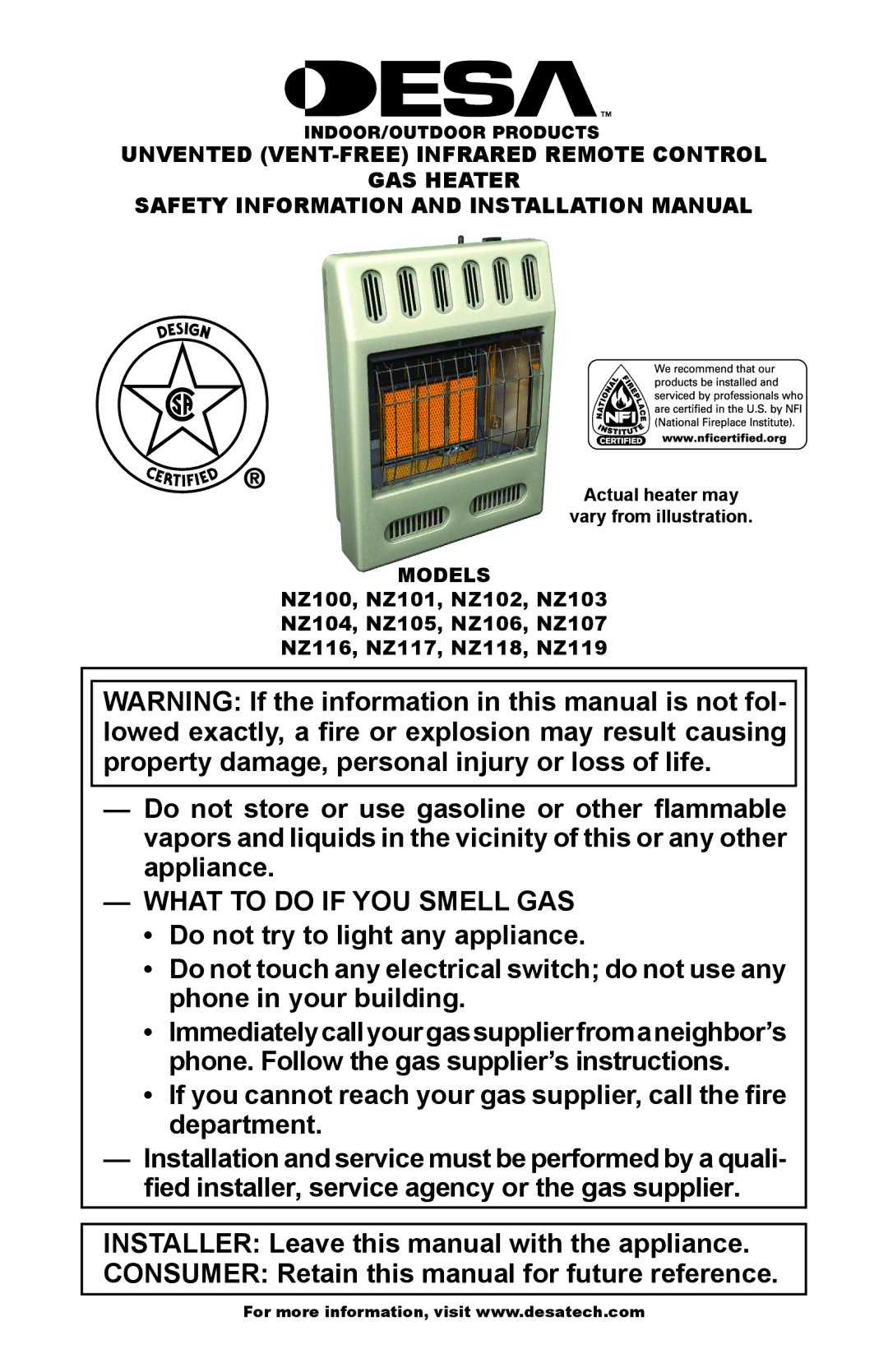 Desa NZ118, NZ119, NZ107 NZ116 installation manual What to do if YOU Smell GAS, Actual heater may Vary from illustration 