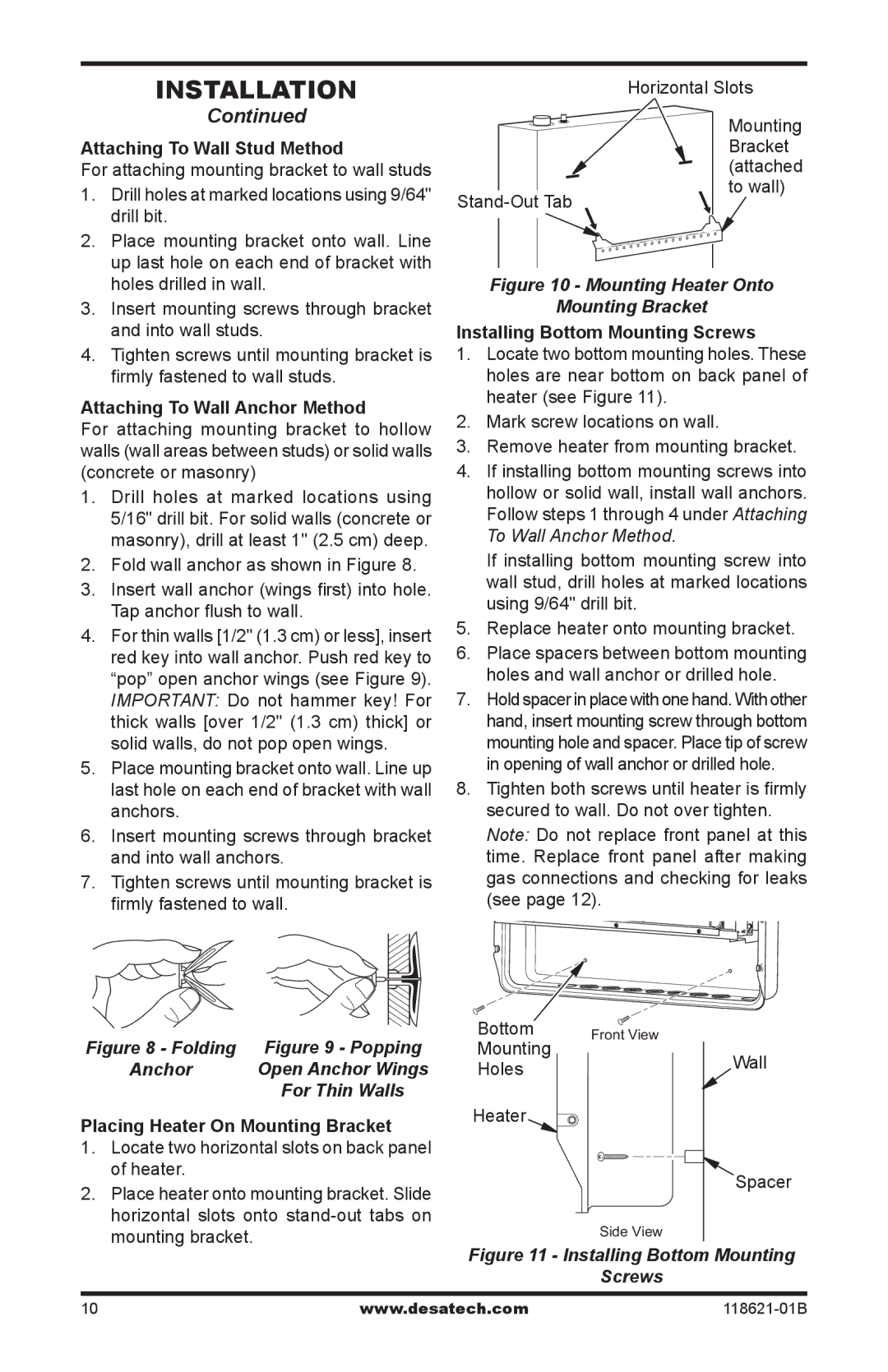 Desa NZ119, NZ118, NZ100 Attaching To Wall Stud Method, Attaching To Wall Anchor Method, Installing Bottom Mounting Screws 