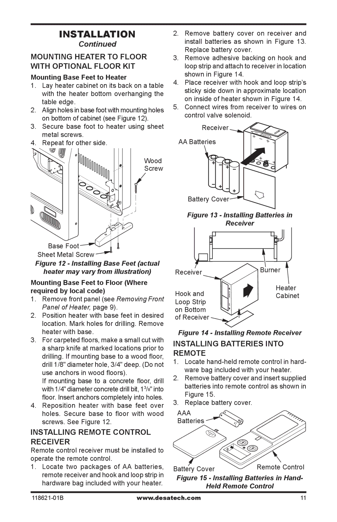 Desa NZ118, NZ119, NZ107 NZ116, NZ100 Mounting heater to floor With optional floor kit, Installing Remote Control Receiver 