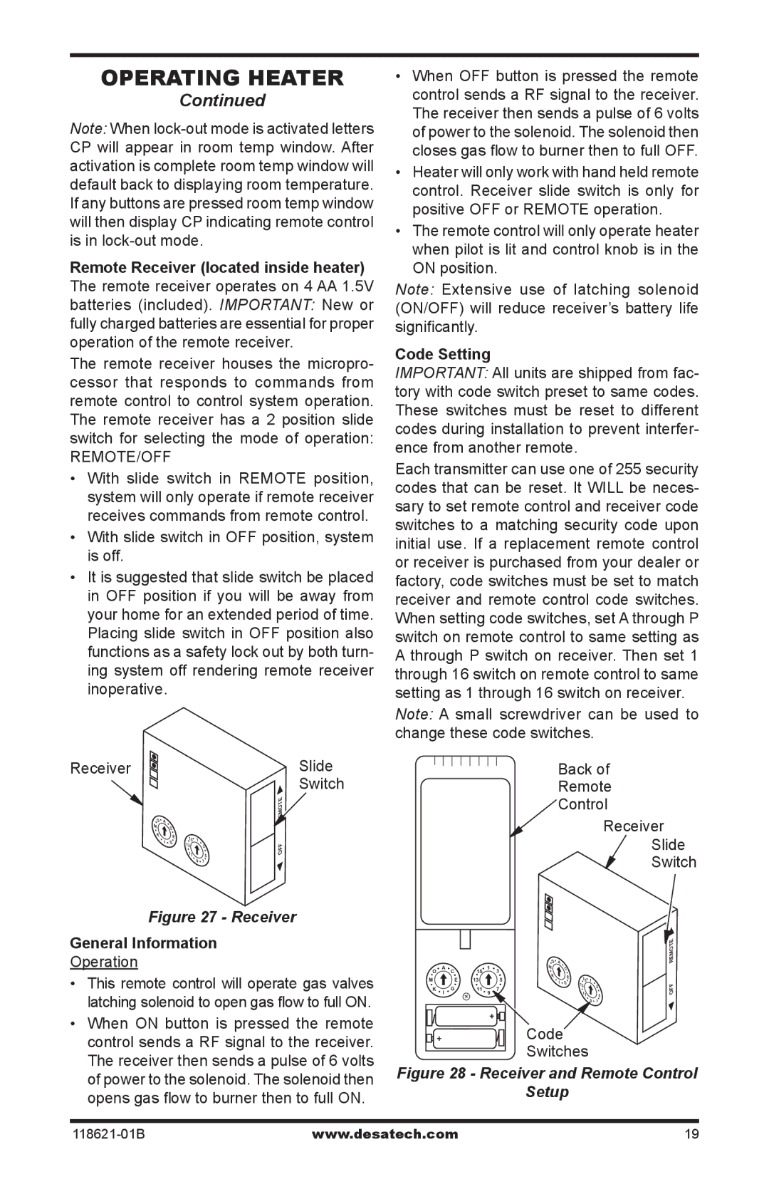 Desa NZ106, NZ119, NZ118, NZ107 NZ116, NZ100, NZ105, NZ102, NZ101, NZ103 NZ104 Receiver Slide, General Information, Code Setting 