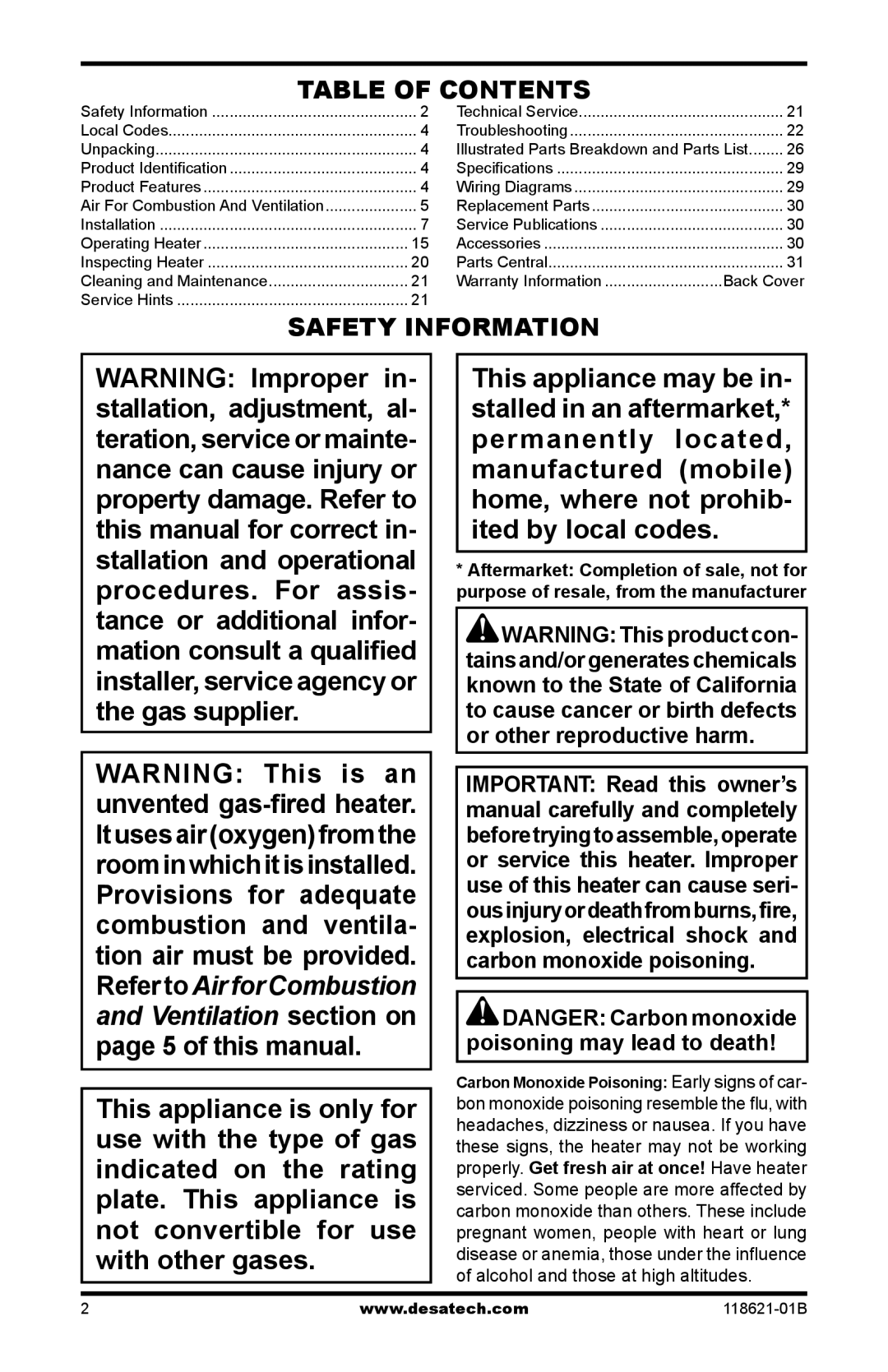 Desa NZ107 NZ116, NZ119, NZ118, NZ100, NZ105, NZ102, NZ101, NZ103 NZ104, NZ117, NZ106 Table of Contents, Safety Information 