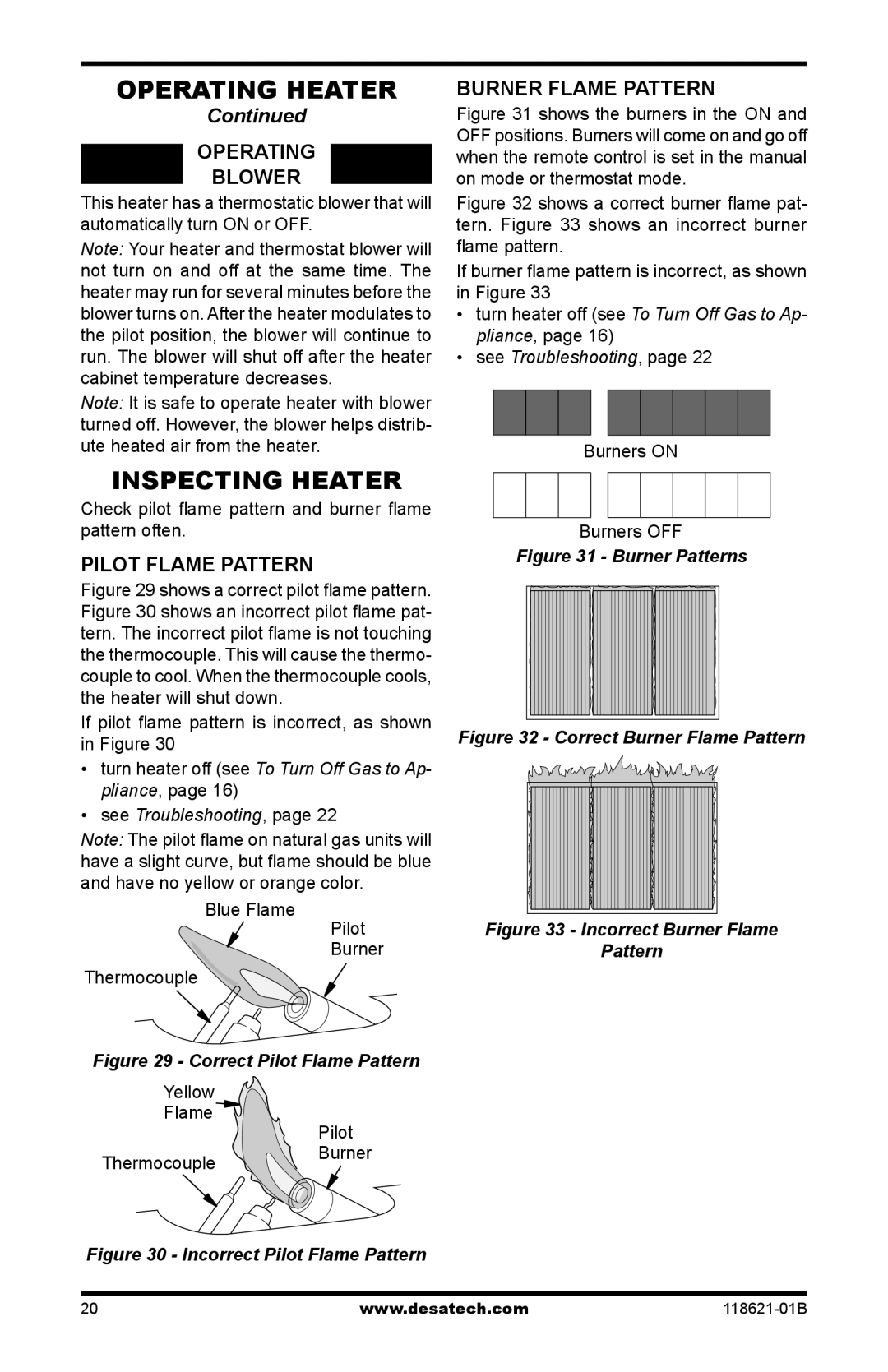 Desa NZ119, NZ118, NZ107 NZ116, NZ100, NZ105 Inspecting Heater, Operating Blower, Pilot Flame Pattern, Burner Flame Pattern 