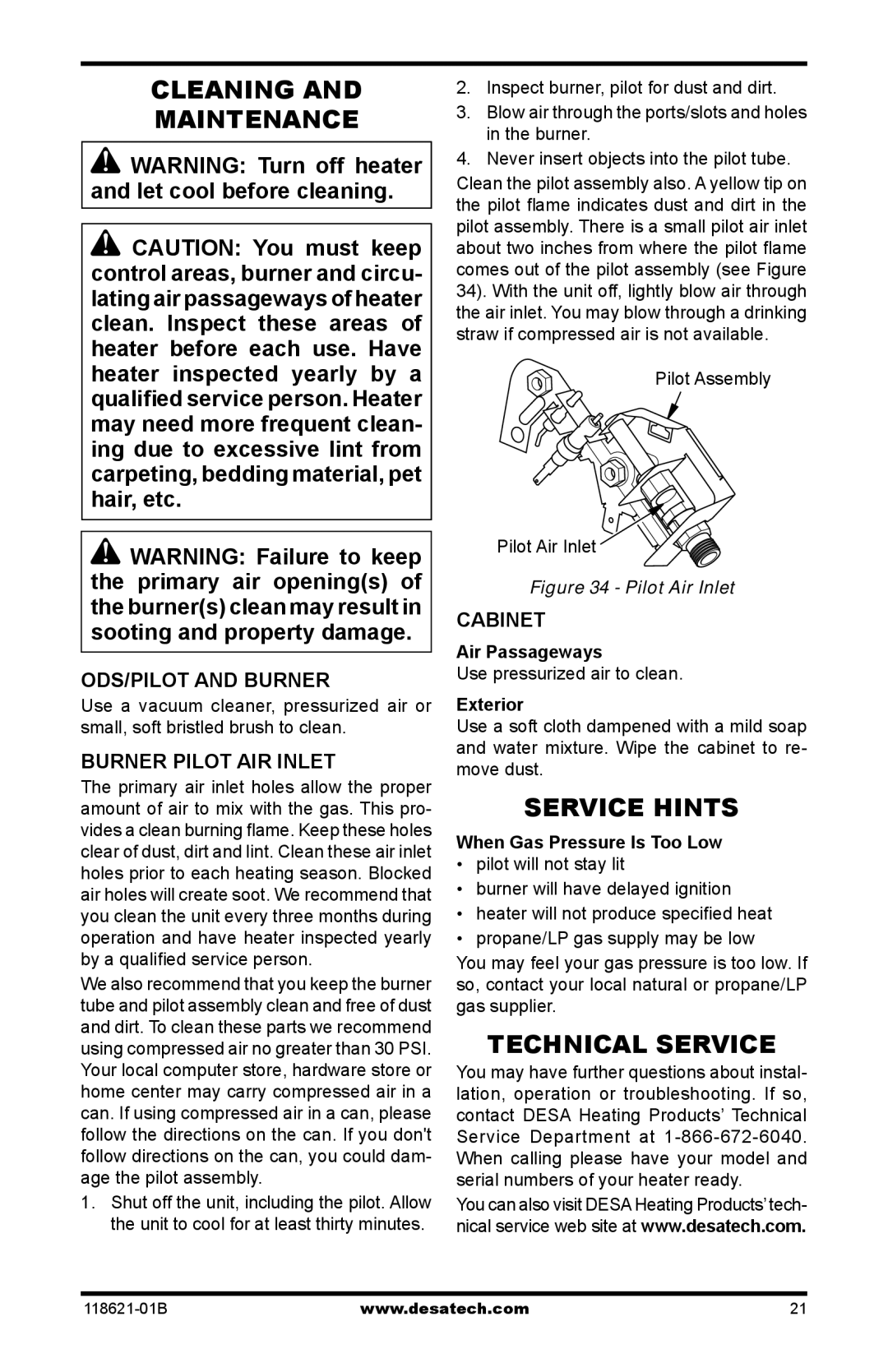 Desa NZ118, NZ119, NZ107 NZ116, NZ100 Cleaning Maintenance, Service Hints, Technical Service, ODS/PILOT and Burner, Cabinet 