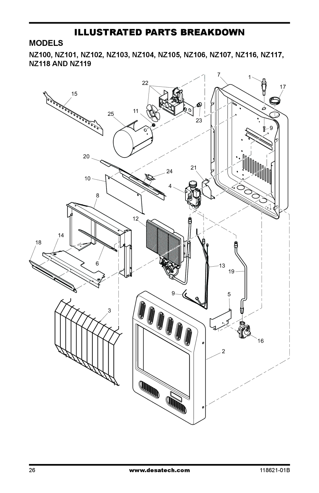 Desa NZ101, NZ119, NZ118, NZ107 NZ116, NZ100, NZ105, NZ102, NZ103 NZ104, NZ117, NZ106 Illustrated Parts Breakdown, Models 