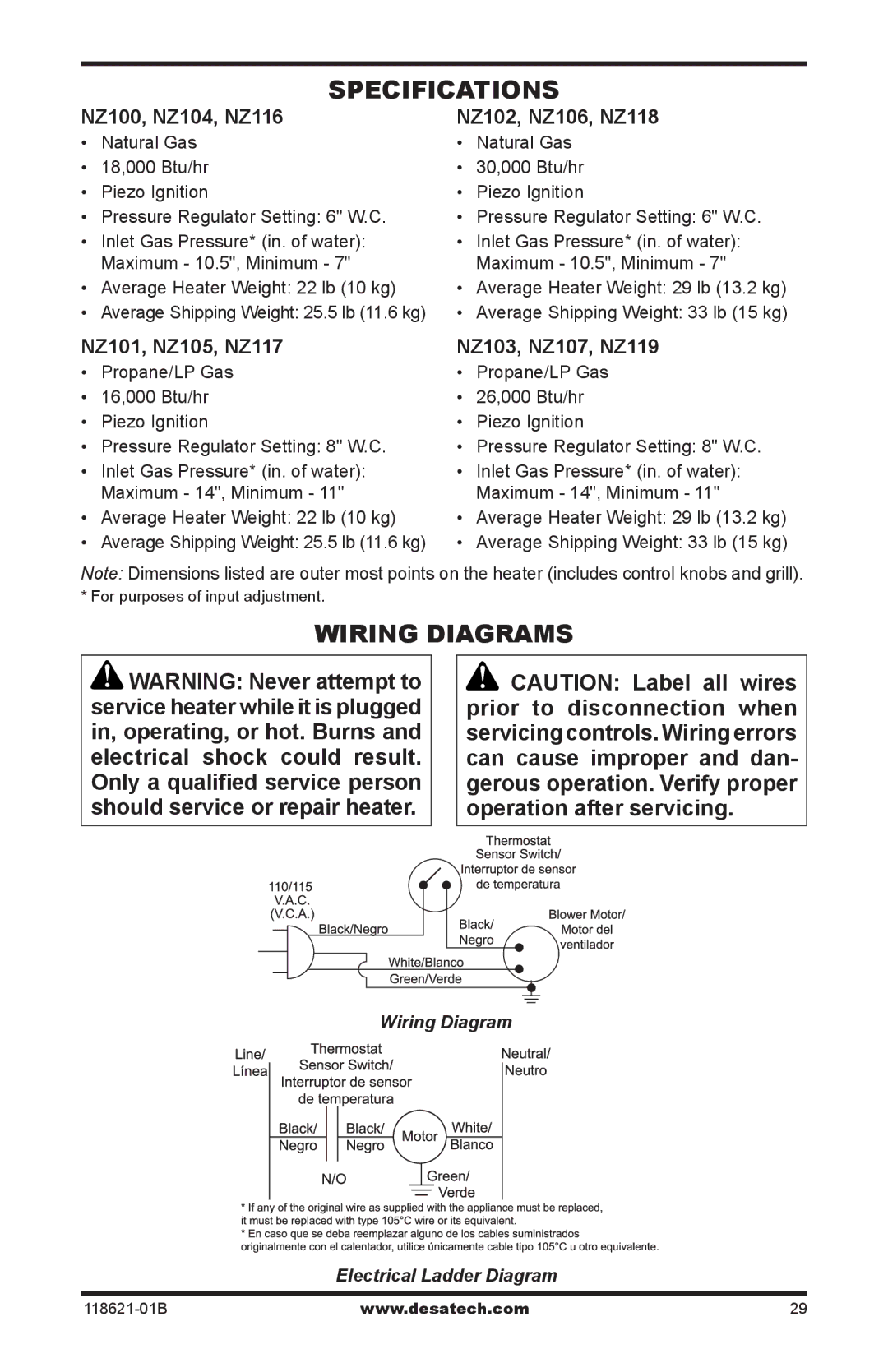 Desa NZ106, NZ119, NZ118, NZ107 NZ116, NZ100, NZ105, NZ102, NZ101, NZ103 NZ104, NZ117 Specifications, Wiring Diagrams 