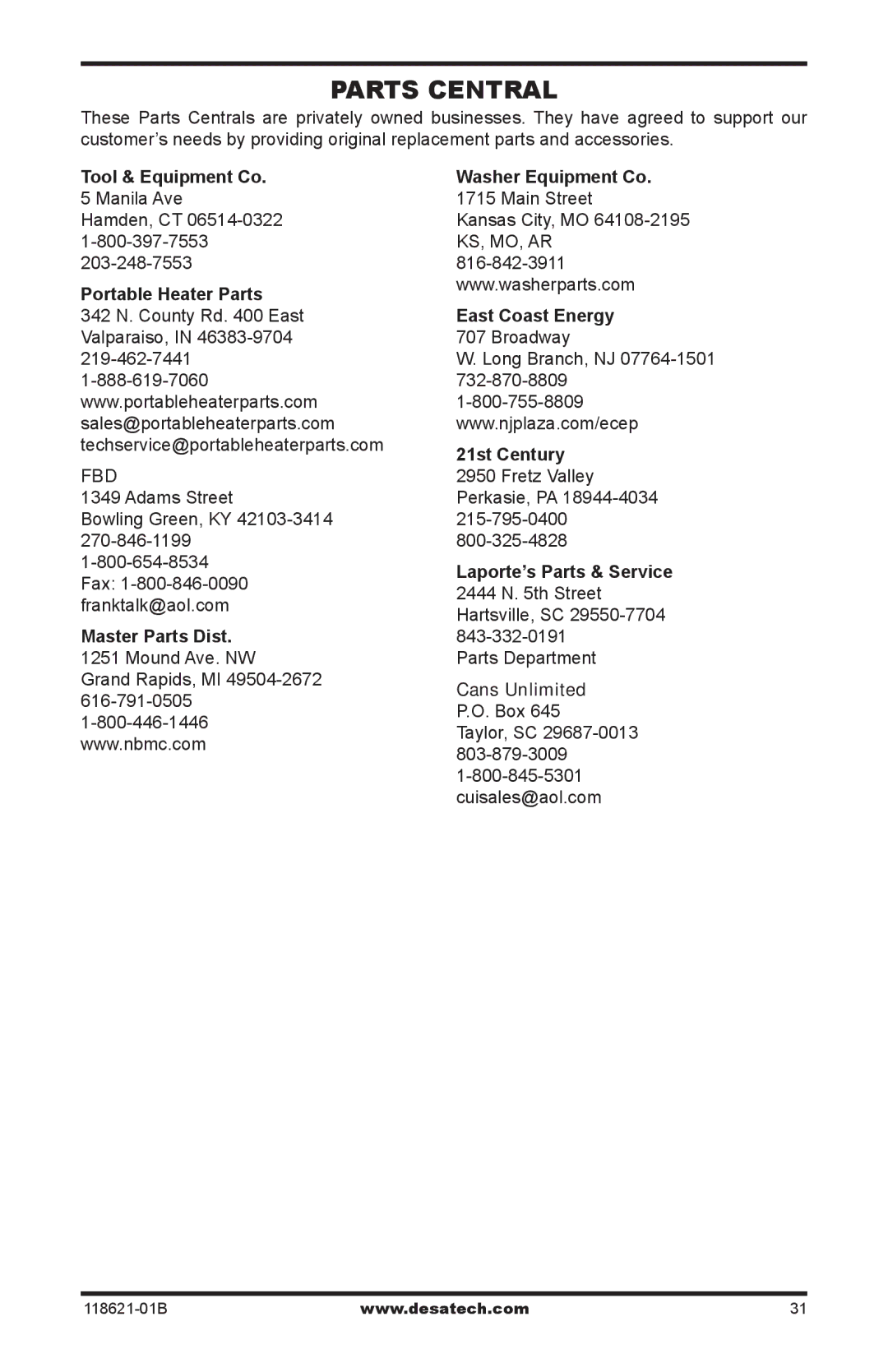 Desa NZ118, NZ119, NZ107 NZ116, NZ100, NZ105, NZ102, NZ101, NZ103 NZ104, NZ117, NZ106 installation manual Parts Central 