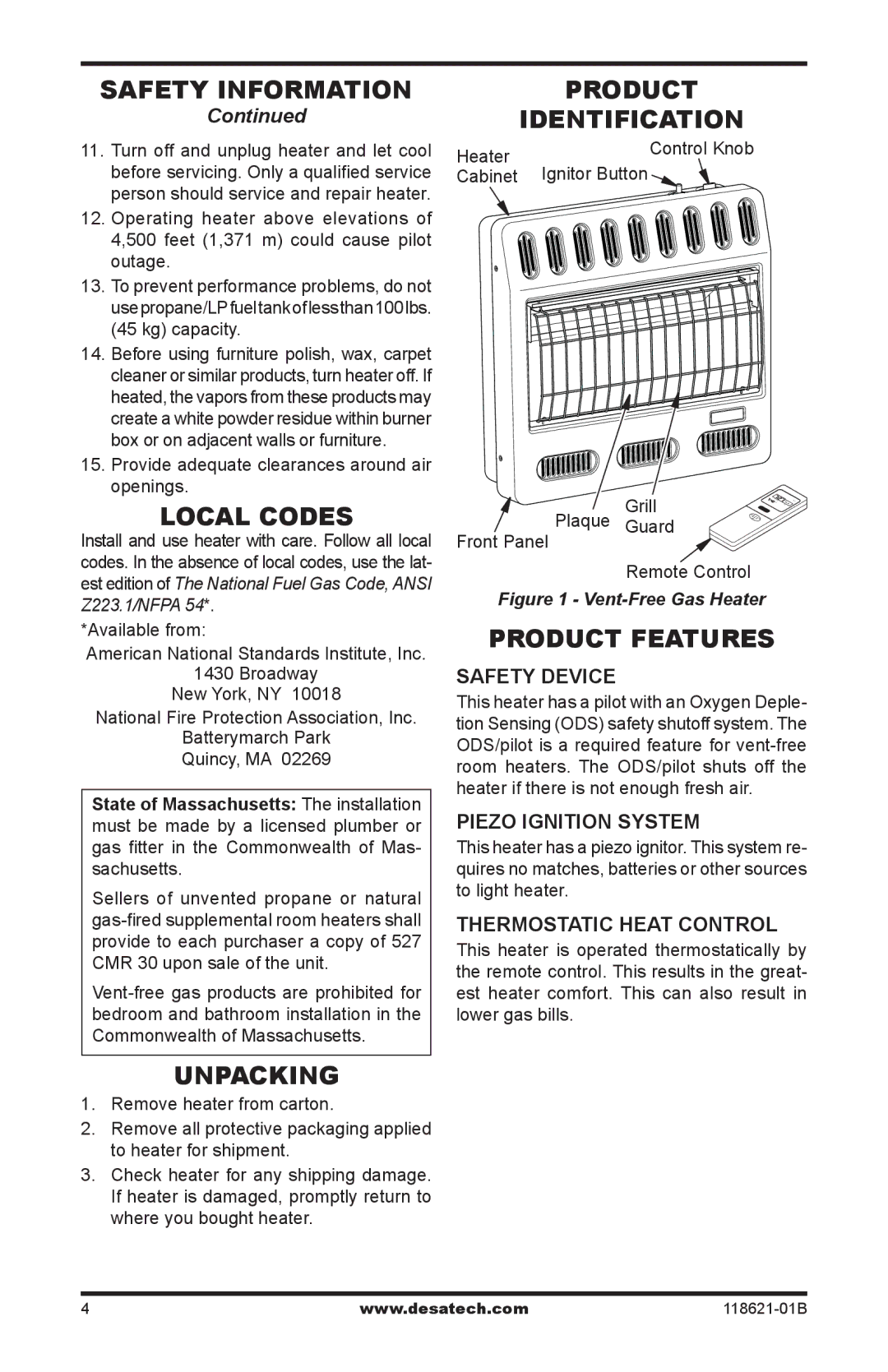 Desa NZ105, NZ119, NZ118, NZ107 NZ116, NZ100, NZ102, NZ101 Product Identification, Local Codes, Unpacking, Product Features 