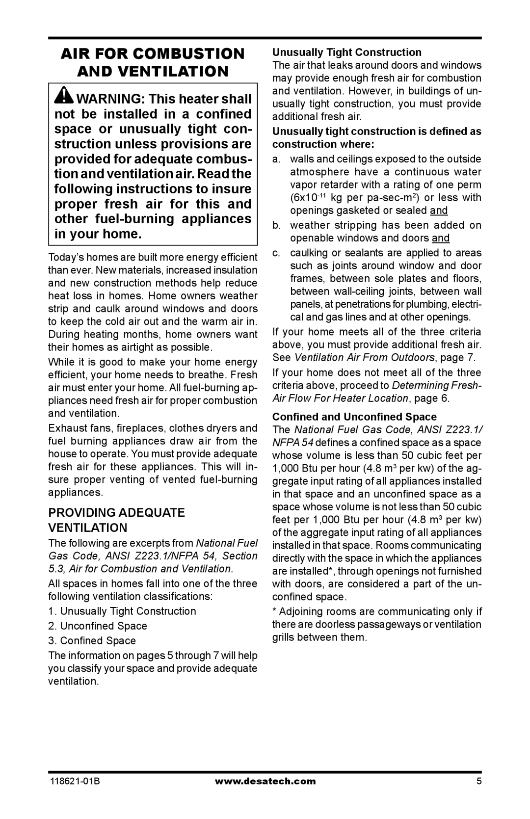 Desa NZ102, NZ119, NZ118, NZ100 Air For Combustion Ventilation, Providing Adequate Ventilation, Unusually Tight Construction 