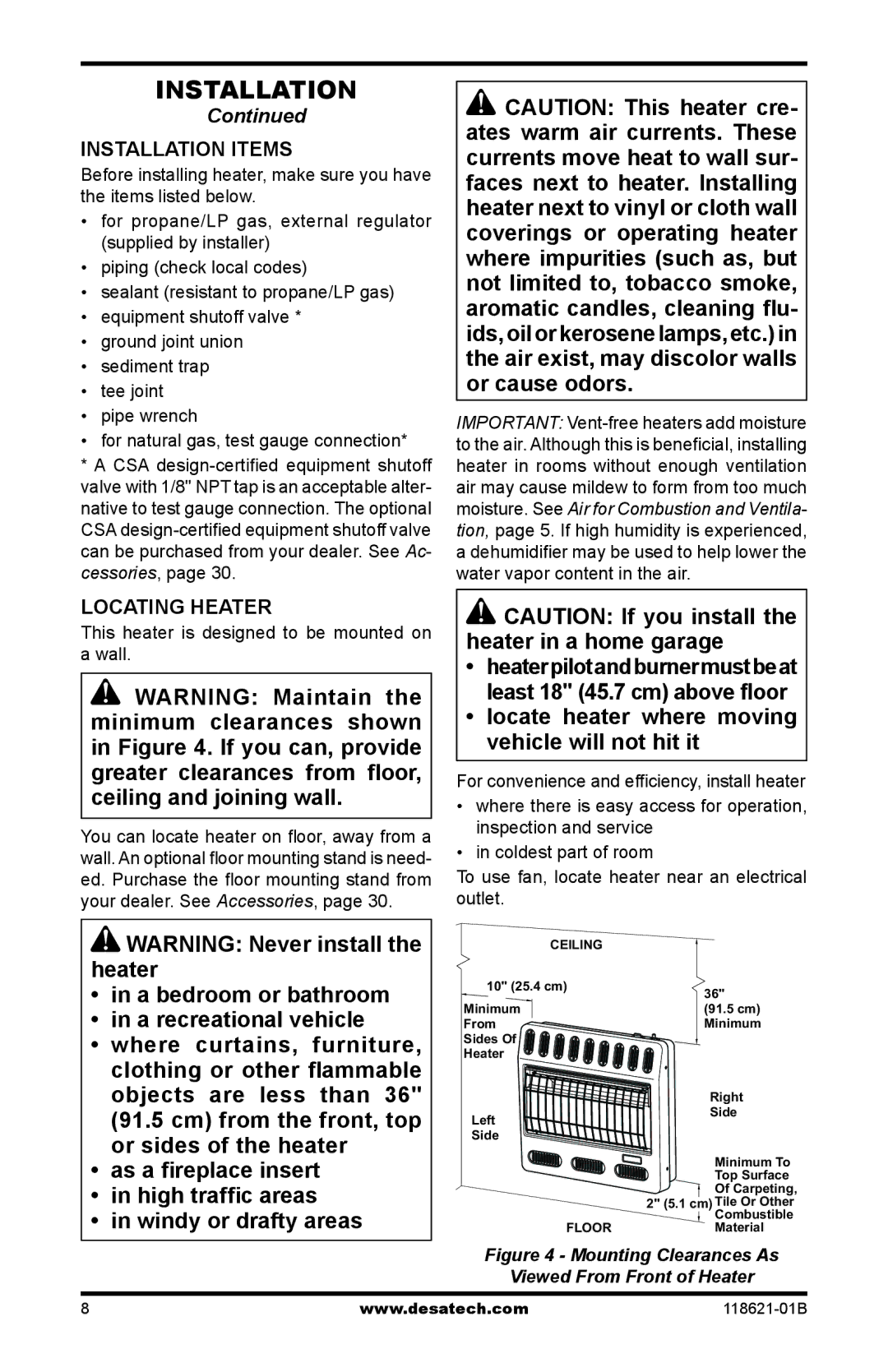 Desa NZ117, NZ119, NZ118 Installation Items, Locating Heater, Heaterpilotandburnermustbeat least 18 45.7 cm above floor 