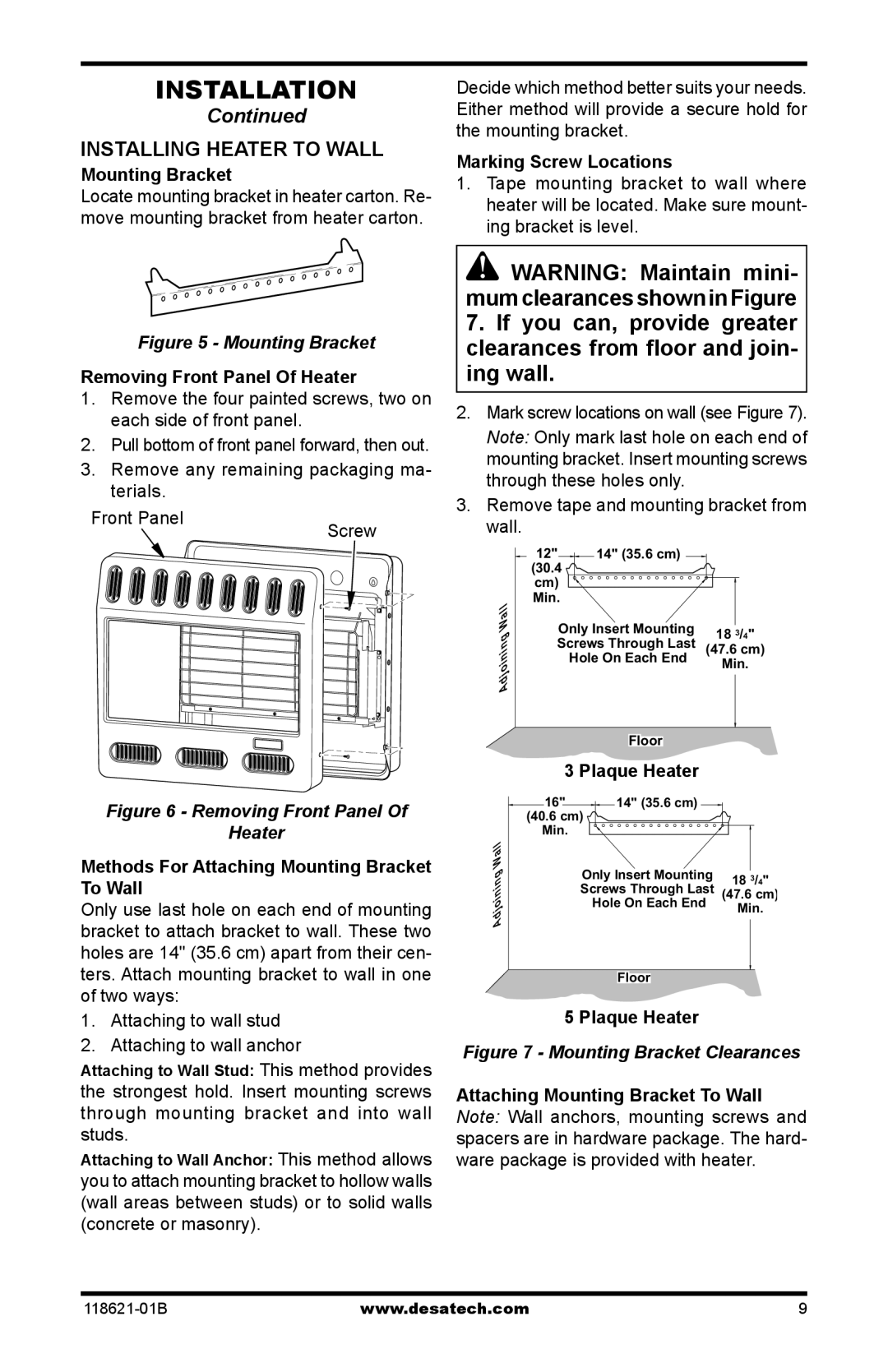 Desa NZ106, NZ119, NZ118, NZ107 NZ116, NZ100, NZ105, NZ102, NZ101, NZ103 NZ104, NZ117 installation manual Installing Heater to Wall 