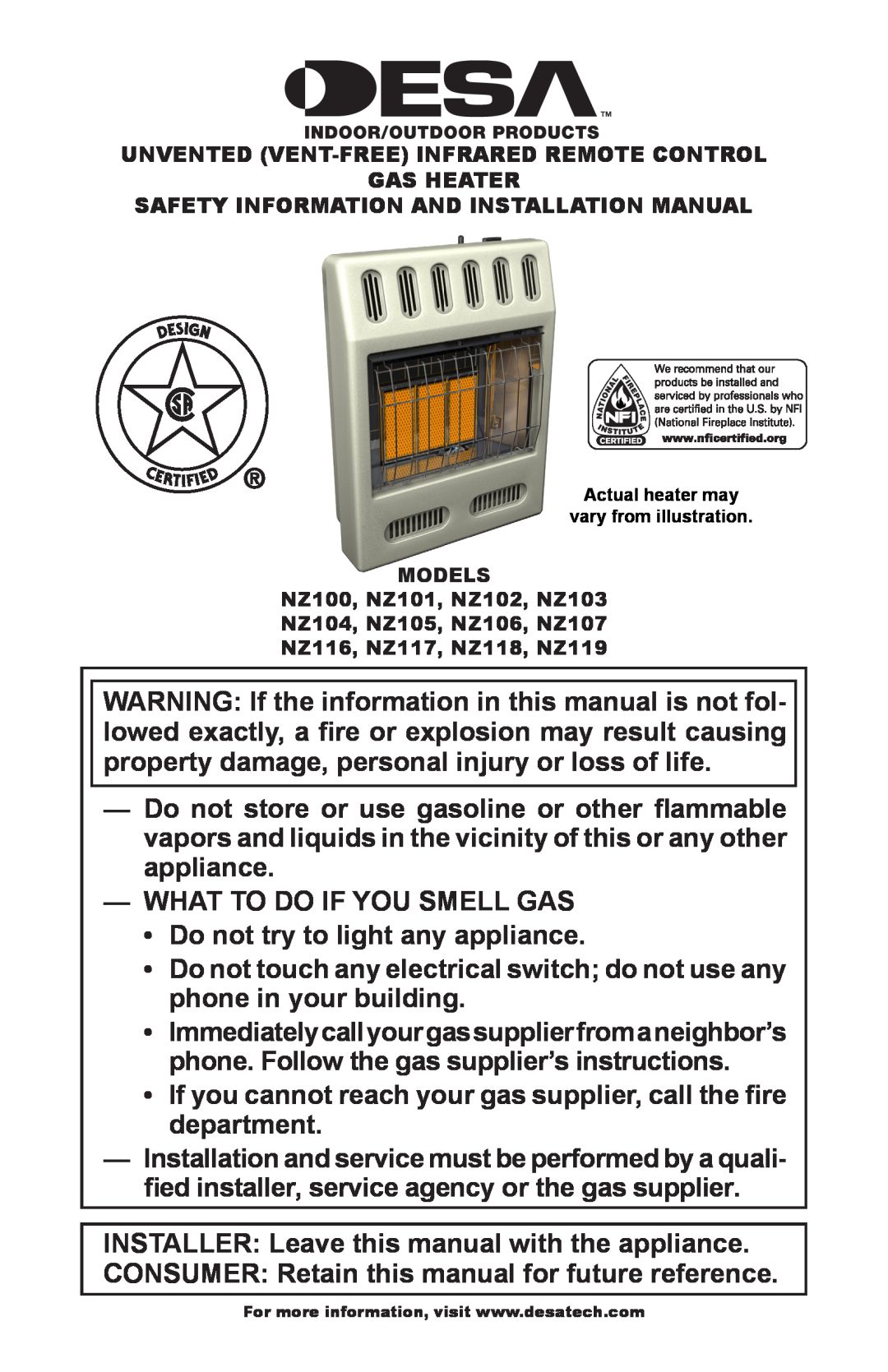 Desa NZ118, NZ119, NZ107 NZ116, NZ100, NZ105, NZ102, NZ101, NZ103 NZ104, NZ117 installation manual What To Do If You Smell Gas 