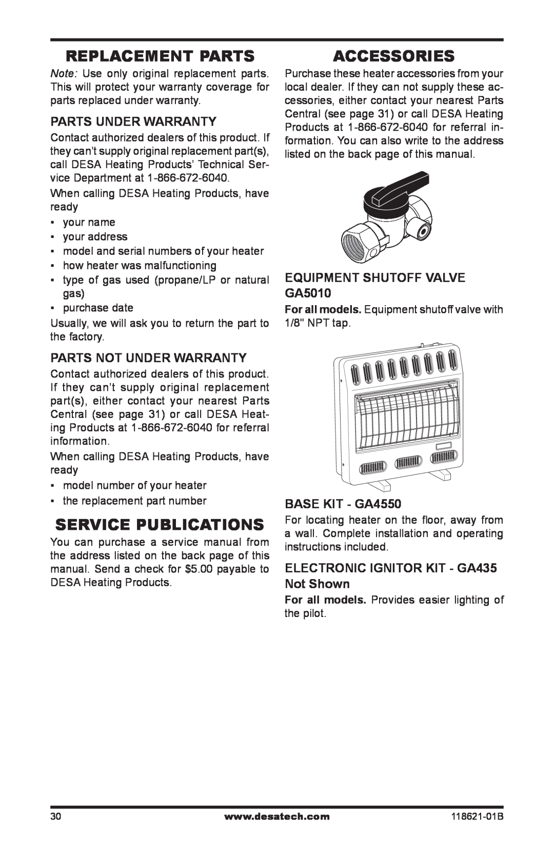 Desa NZ119 Replacement Parts, Accessories, Service Publications, Parts Under Warranty, equipment SHUTOFF VALVE GA5010 