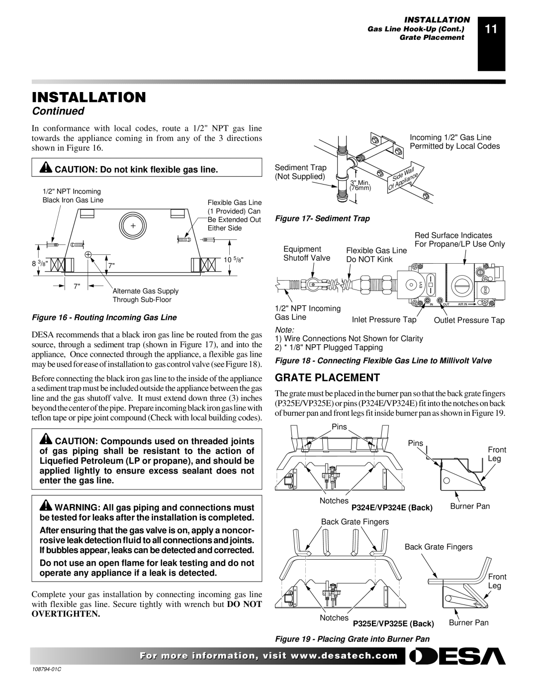 Desa P324E installation manual Grate Placement, Not Supplied 