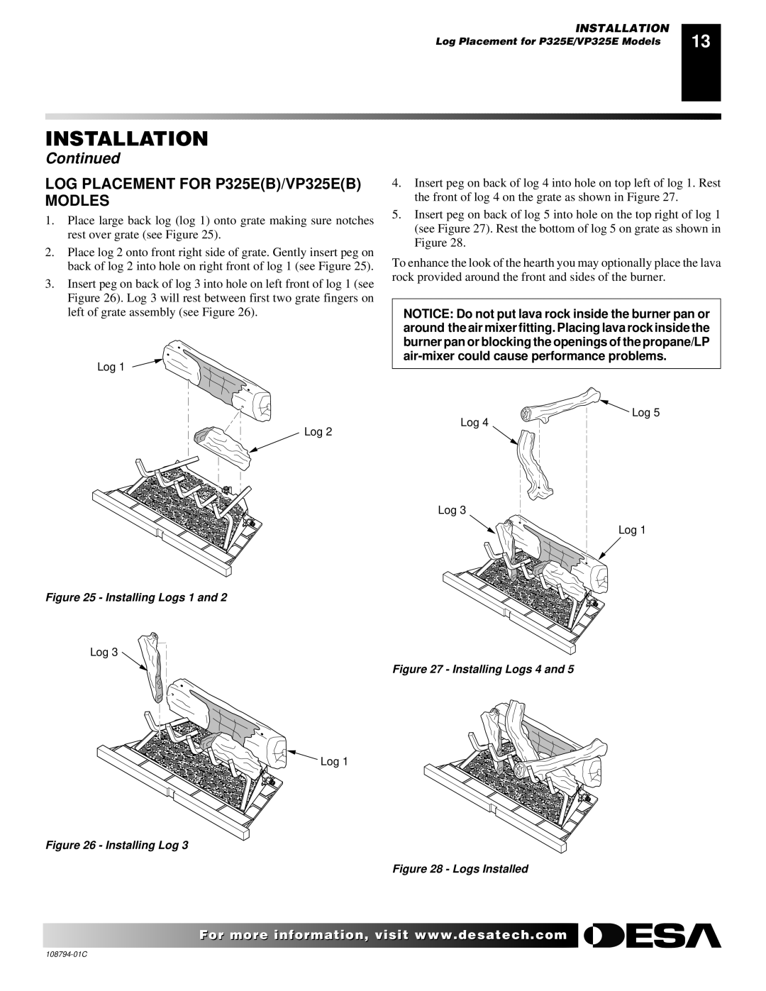 Desa P324E installation manual LOG Placement for P325EB/VP325EB Modles, Installing Log 