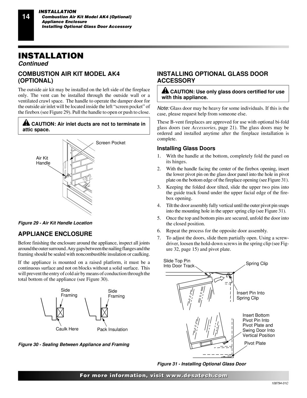 Desa P324E Combustion AIR KIT Model AK4 Optional, Appliance Enclosure, Installing Optional Glass Door Accessory 