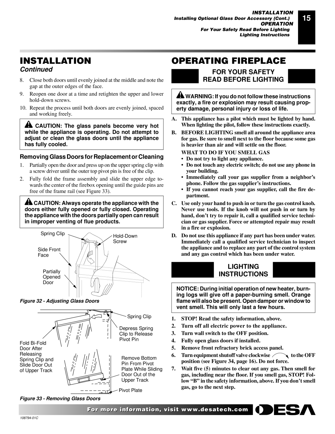 Desa P324E installation manual Operating Fireplace, For Your Safety Read Before Lighting, Lighting Instructions 