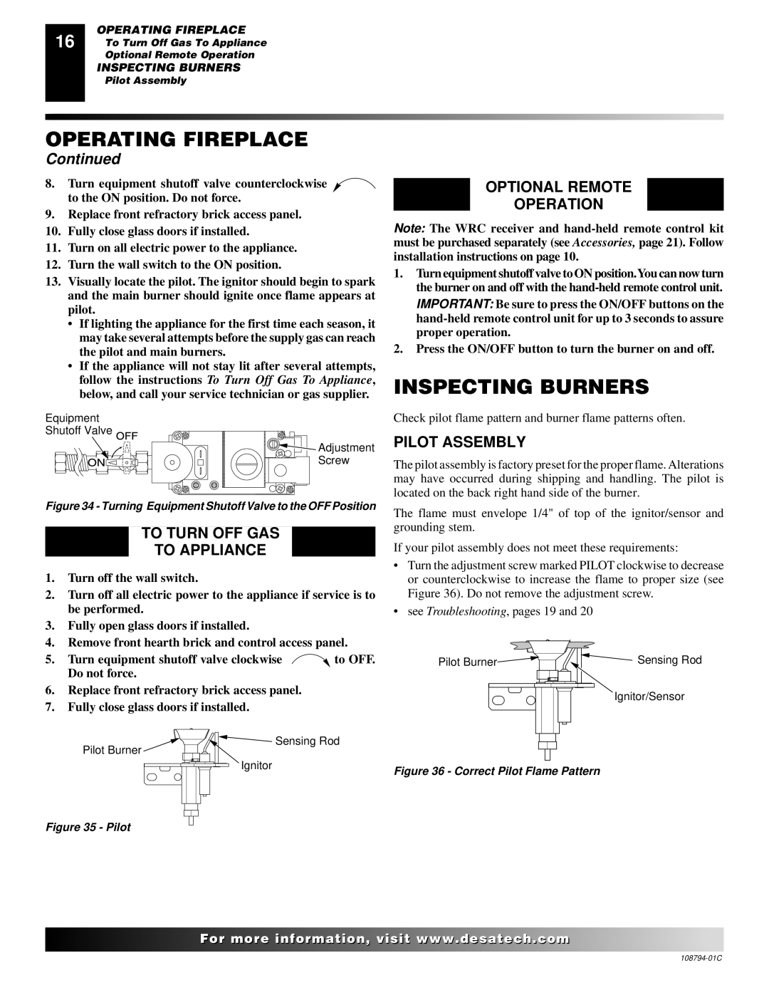 Desa P324E installation manual Inspecting Burners, To Turn OFF GAS To Appliance, Optional Remote Operation, Pilot Assembly 