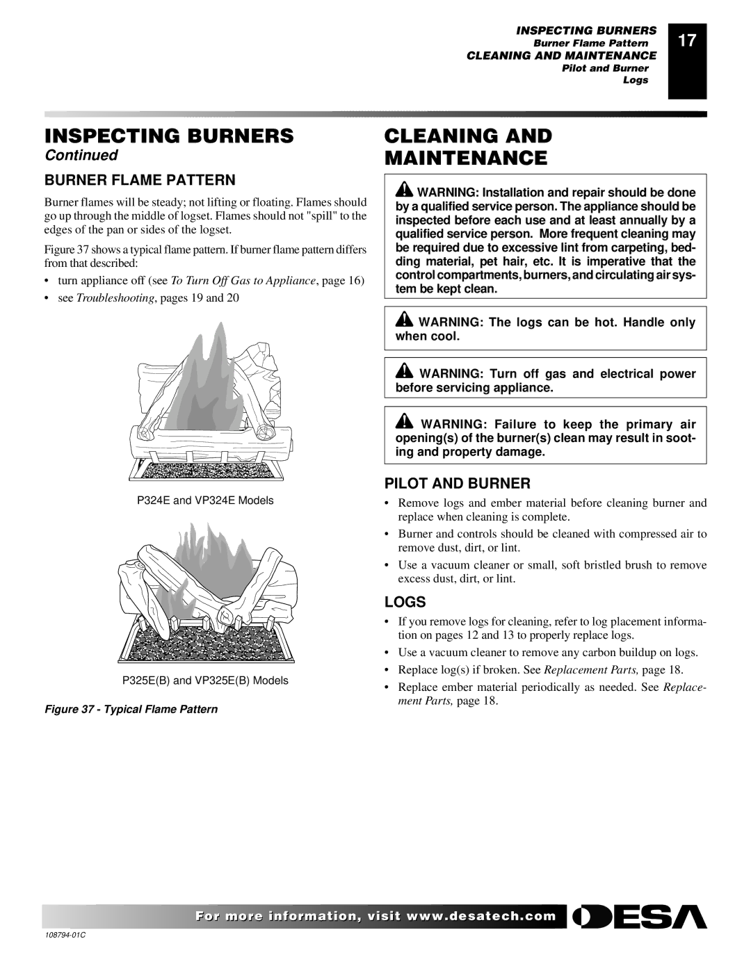 Desa P324E installation manual Cleaning Maintenance, Burner Flame Pattern, Pilot and Burner, Logs 