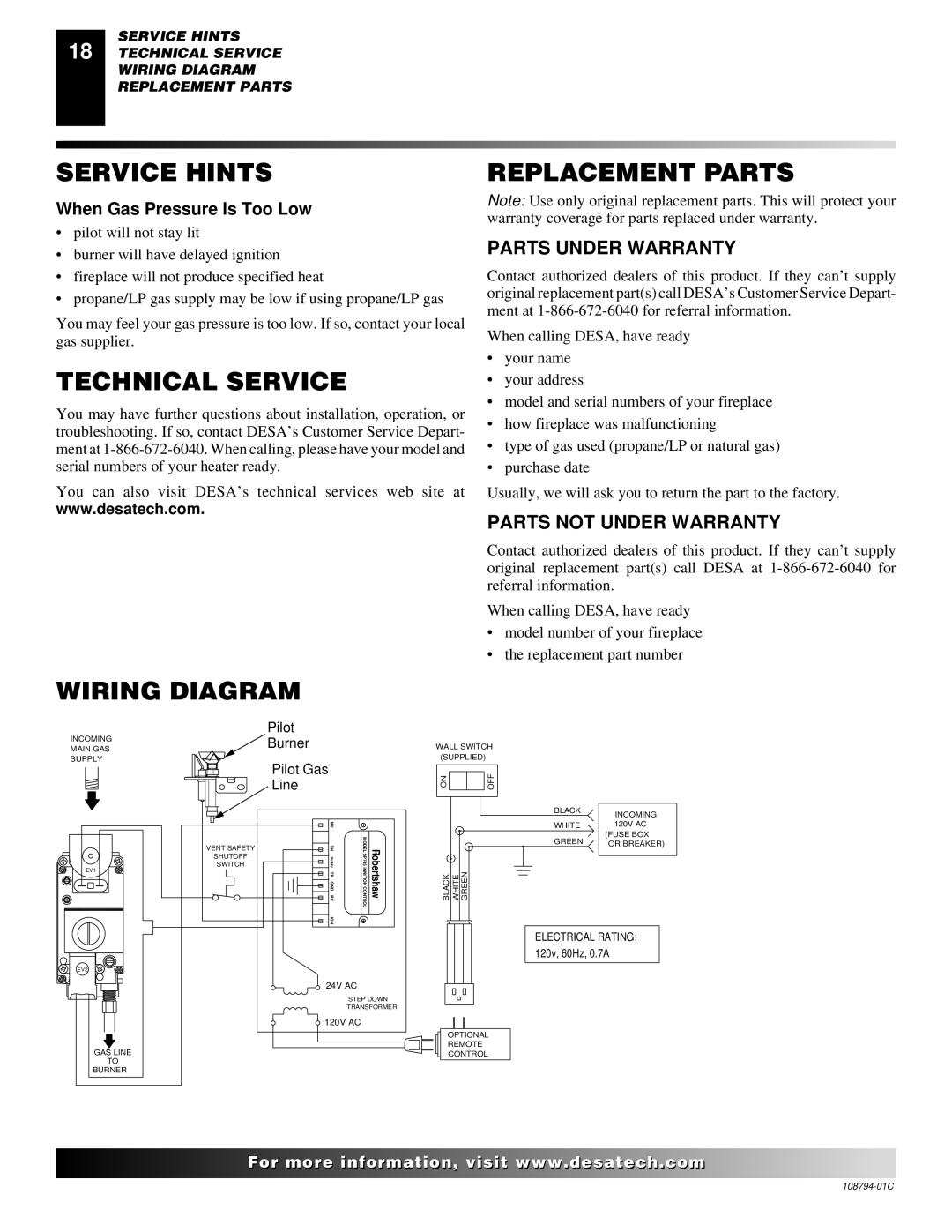 Desa P324E installation manual Service Hints, Technical Service, Wiring Diagram Replacement Parts, Parts Under Warranty 