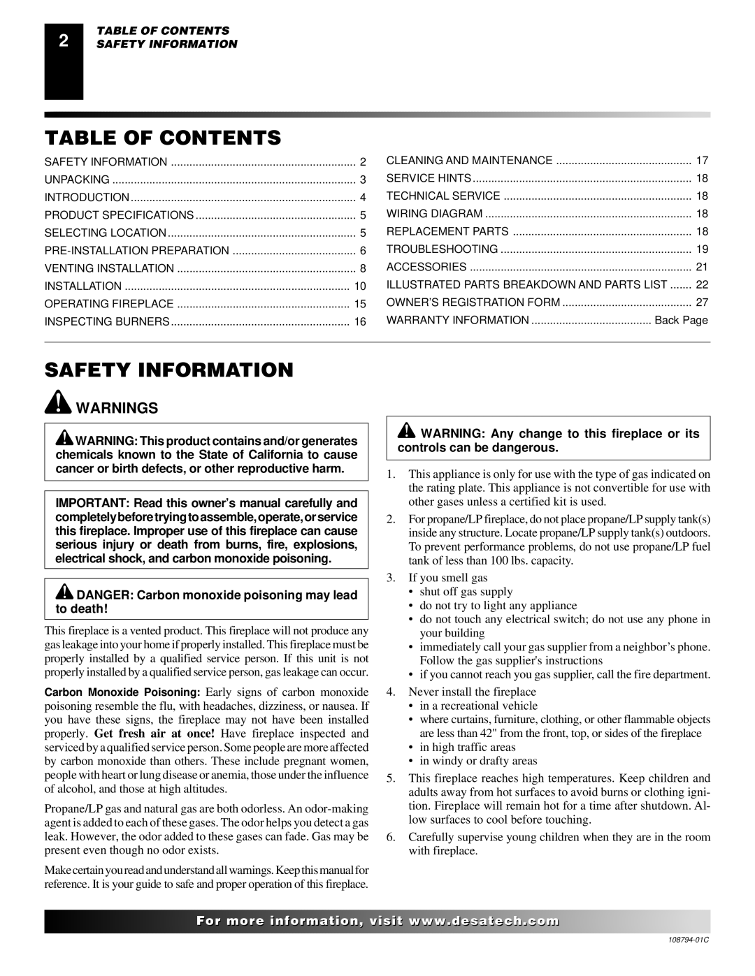 Desa P324E installation manual Table of Contents, Safety Information 