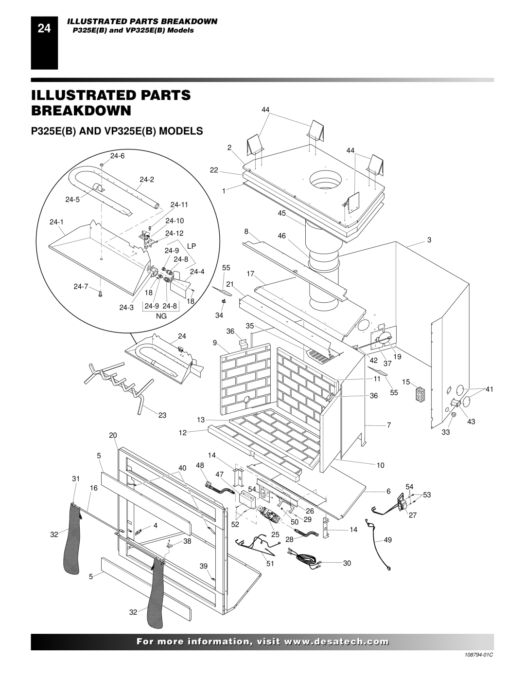 Desa P324E installation manual Illustrated Parts BREAKDOWN44, P325EB and VP325EB Models 