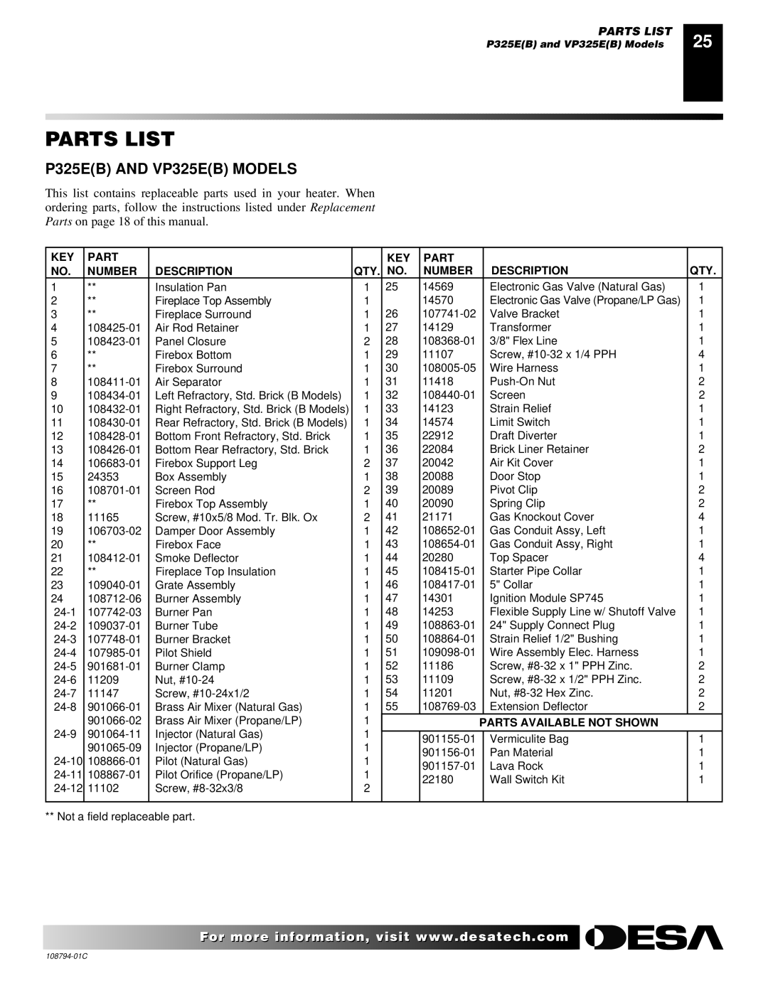 Desa P324E installation manual Pilot Natural Gas 901157-01 Lava Rock 