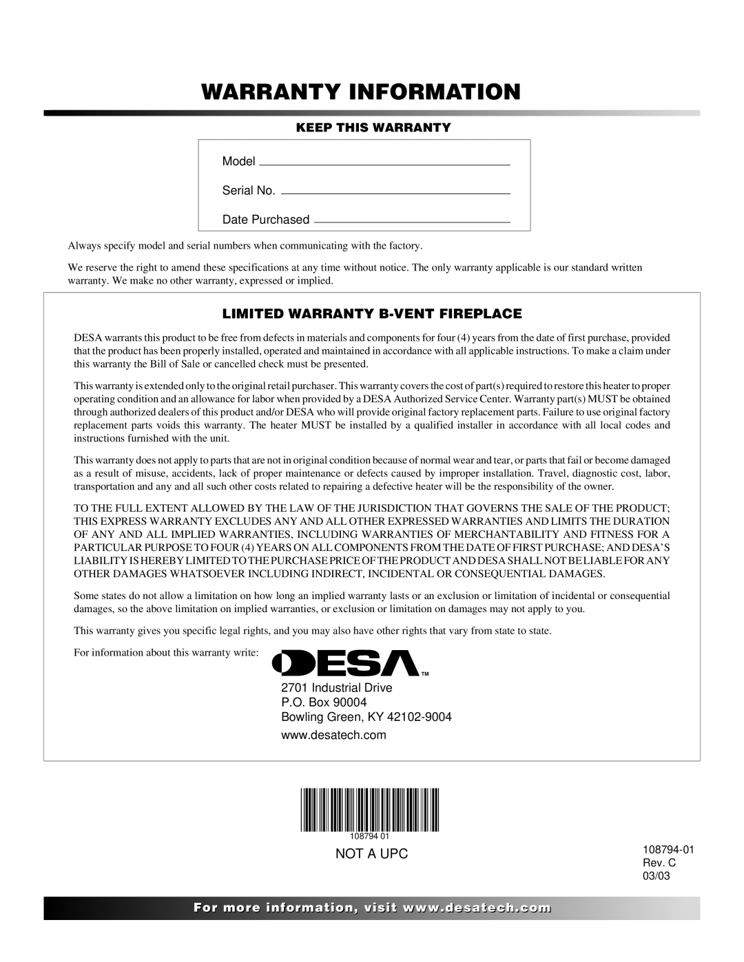 Desa P324E installation manual Warranty Information 