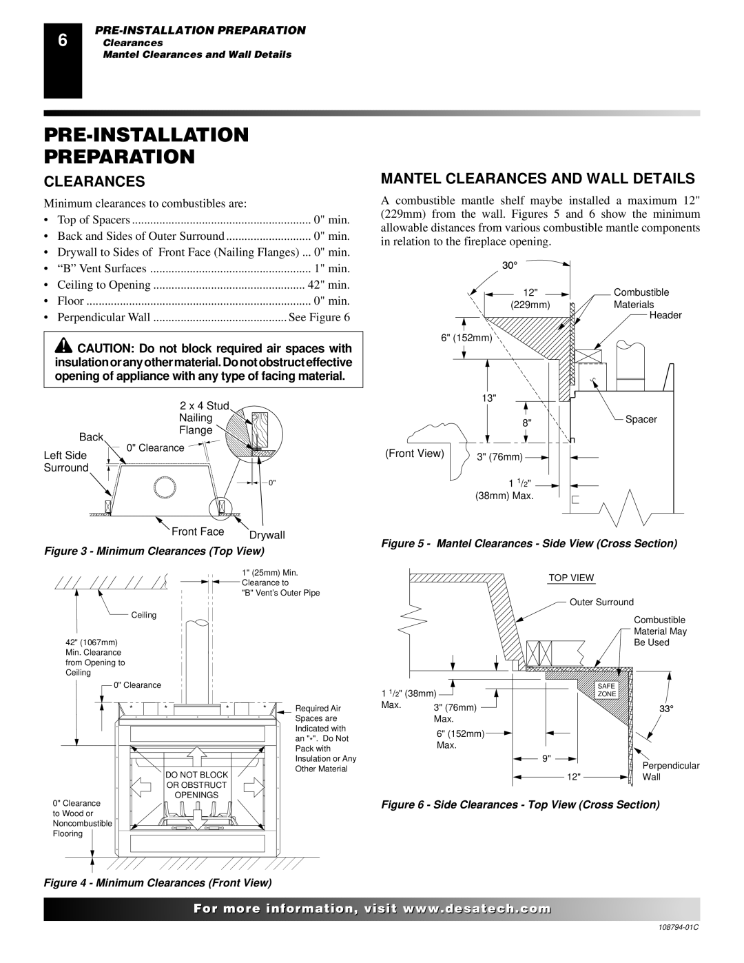 Desa P324E installation manual PRE-INSTALLATION Preparation, Mantel Clearances and Wall Details 