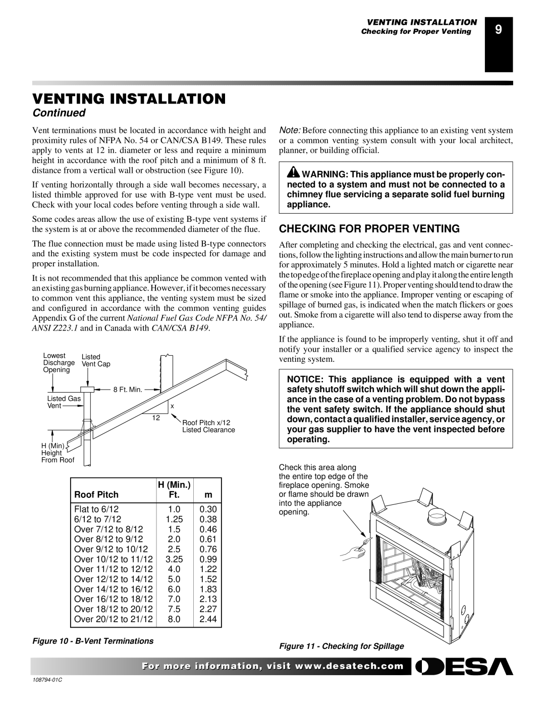 Desa P324E installation manual Checking for Proper Venting, Min Roof Pitch 