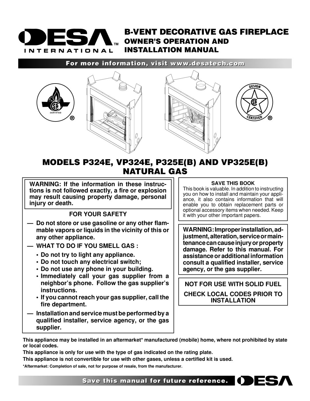 Desa VP324E installation manual Vent Decorative GAS Fireplace, Natural GAS, For Your Safety, What to do if YOU Smell GAS 