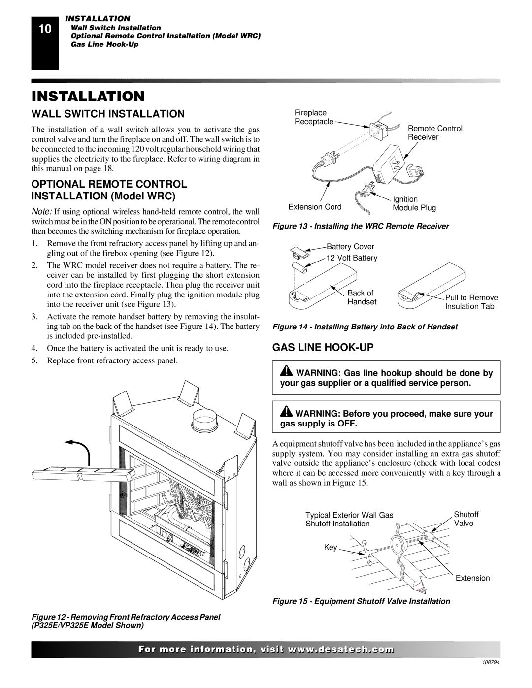 Desa VP324E, P325E(B), VP325E(B) installation manual Wall Switch Installation, Optional Remote Control, GAS Line HOOK-UP 