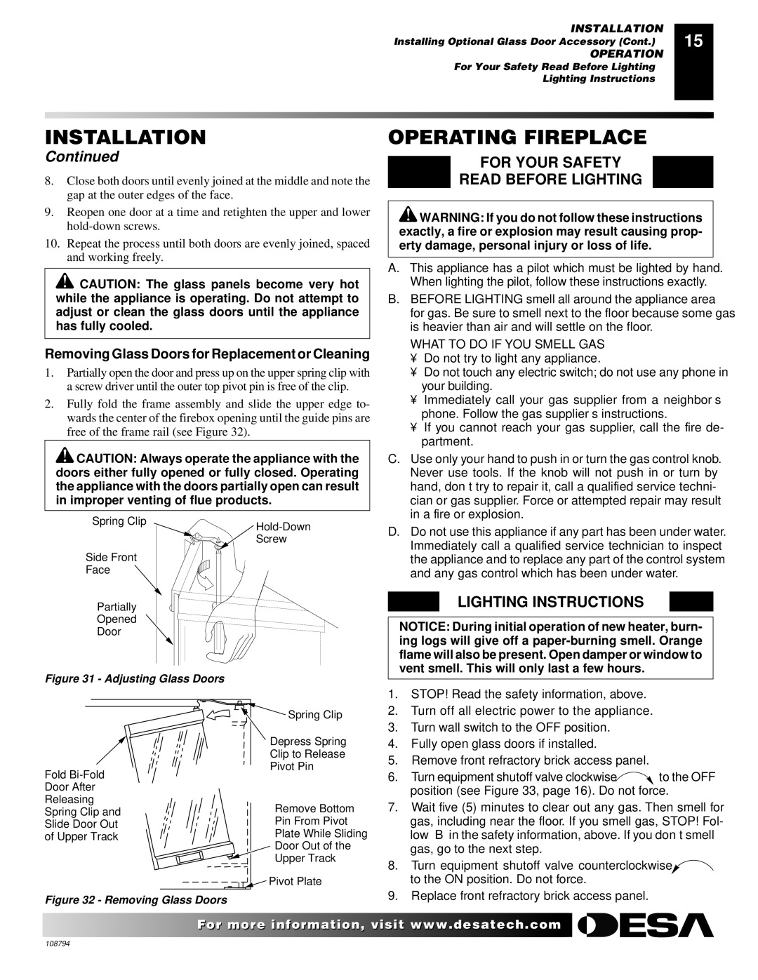 Desa P325E(B), VP325E(B), VP324E Operating Fireplace, For Your Safety Read Before Lighting, Lighting Instructions 