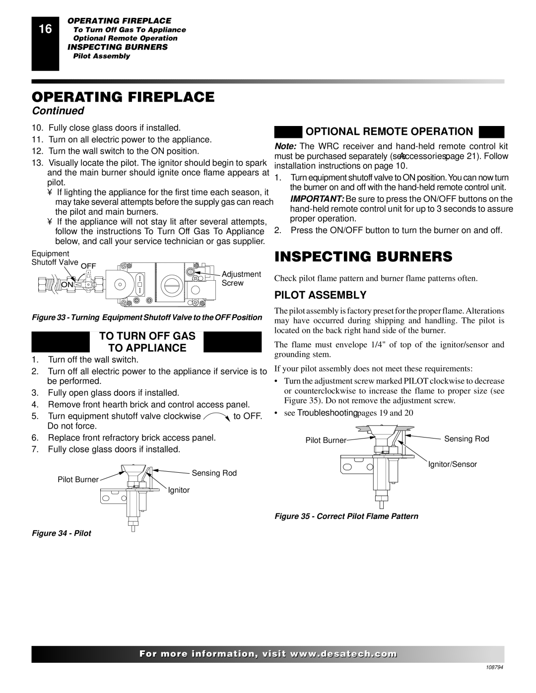 Desa VP324E installation manual Inspecting Burners, Optional Remote Operation, Pilot Assembly, To Turn OFF GAS To Appliance 