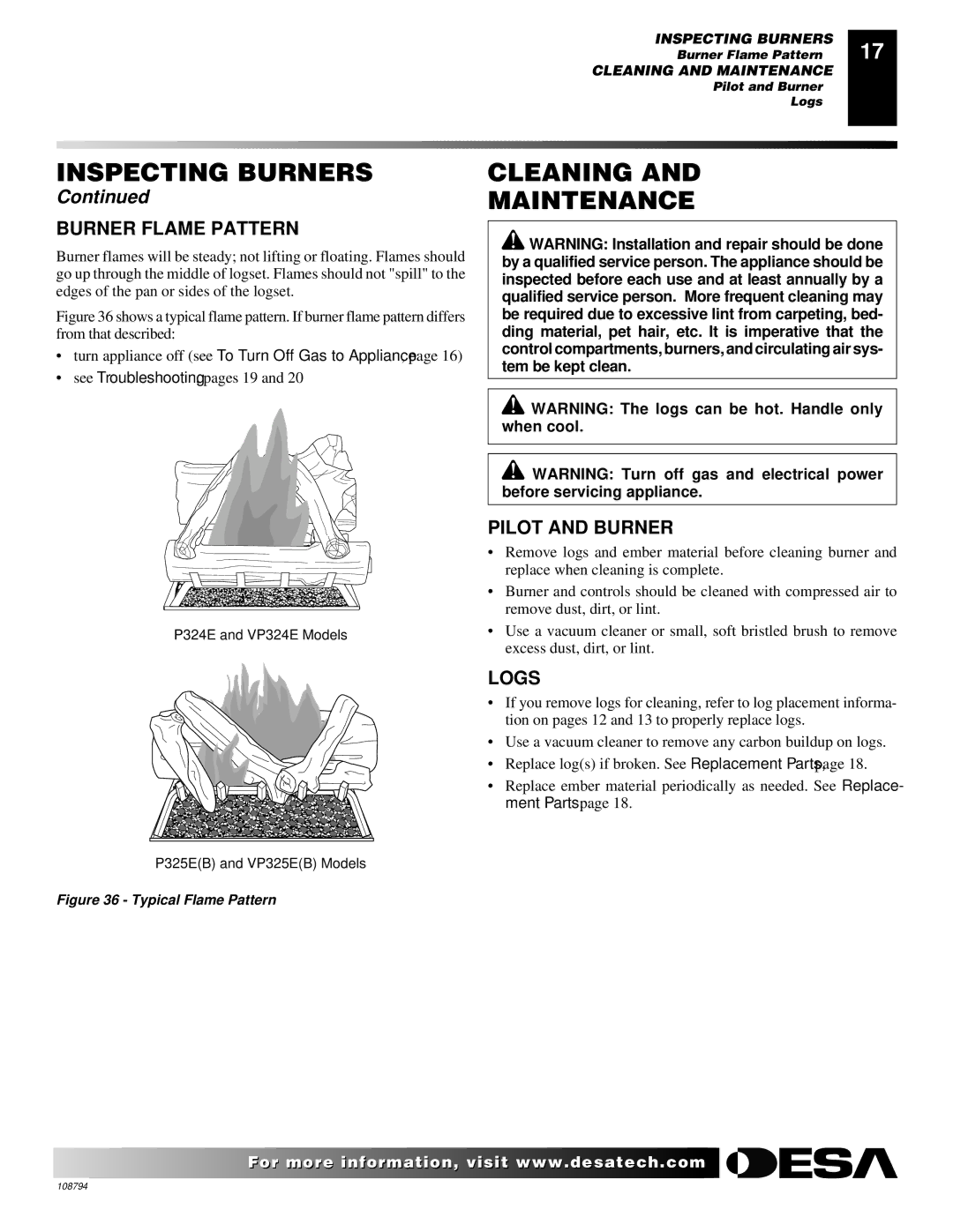 Desa P324E, VP324E, P325E, VP325E, P325E(B), VP325E(B) Cleaning Maintenance, Burner Flame Pattern, Pilot and Burner, Logs 