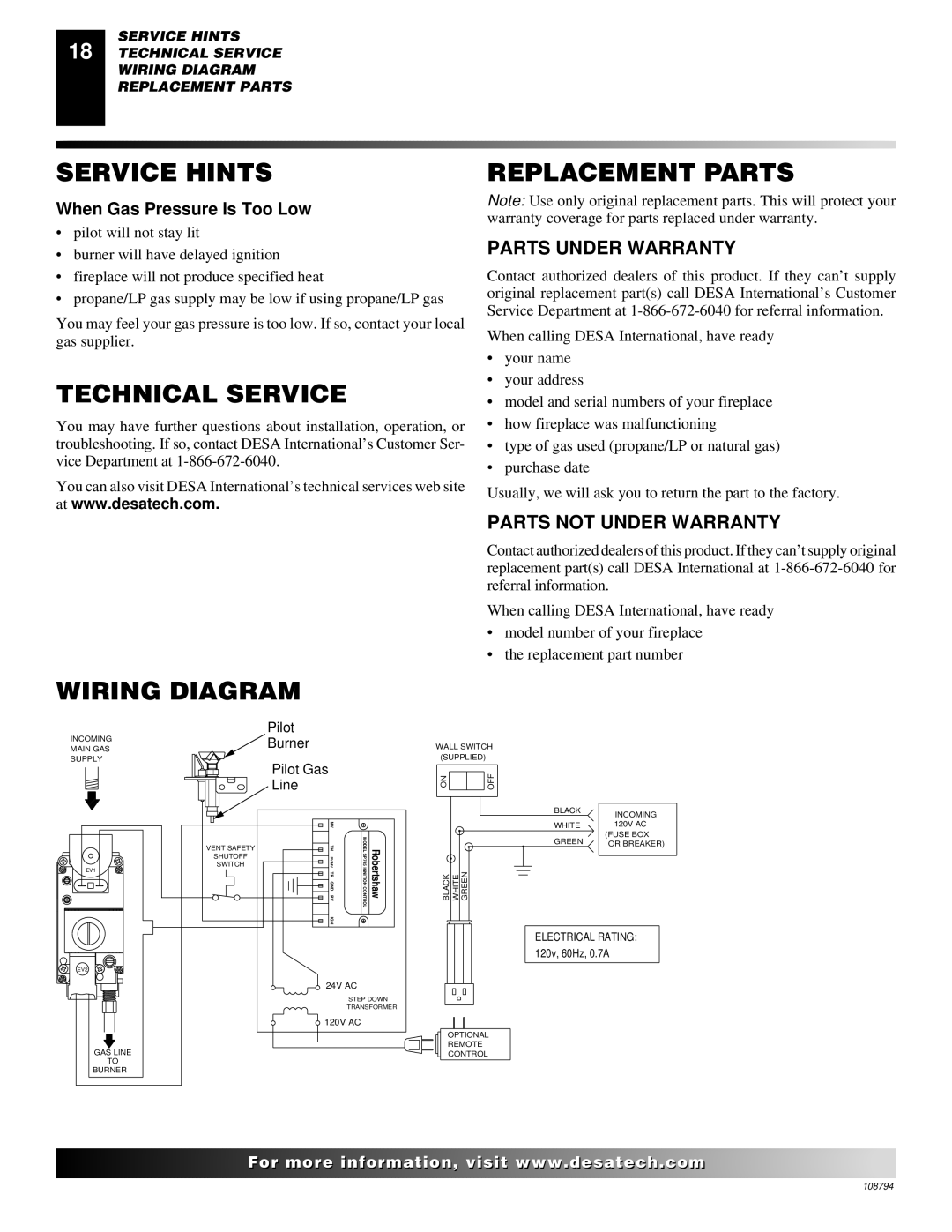 Desa P325E(B), VP325E(B), VP324E installation manual Service Hints, Technical Service, Replacement Parts, Wiring Diagram 