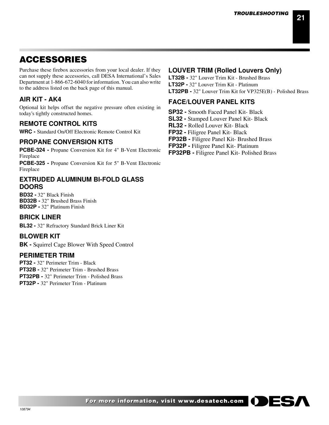 Desa P325E(B), VP325E(B), P324E, VP324E, P325E, VP325E installation manual Accessories 