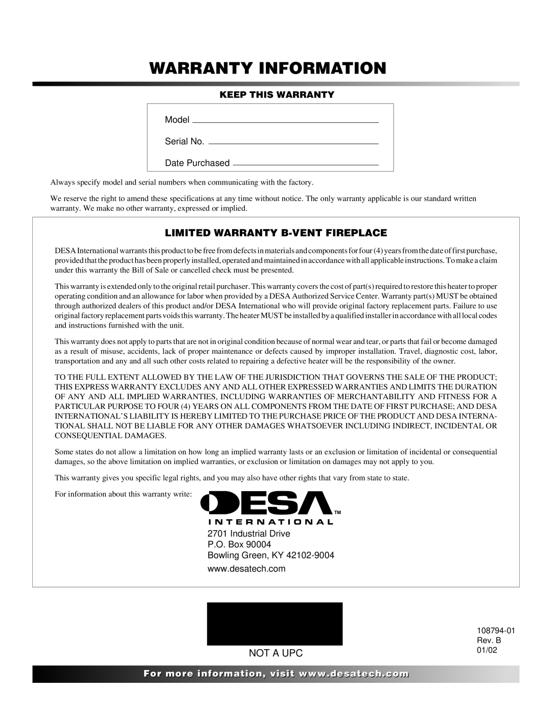 Desa P325E(B), VP325E(B), P324E, VP324E, P325E, VP325E installation manual Warranty Information 