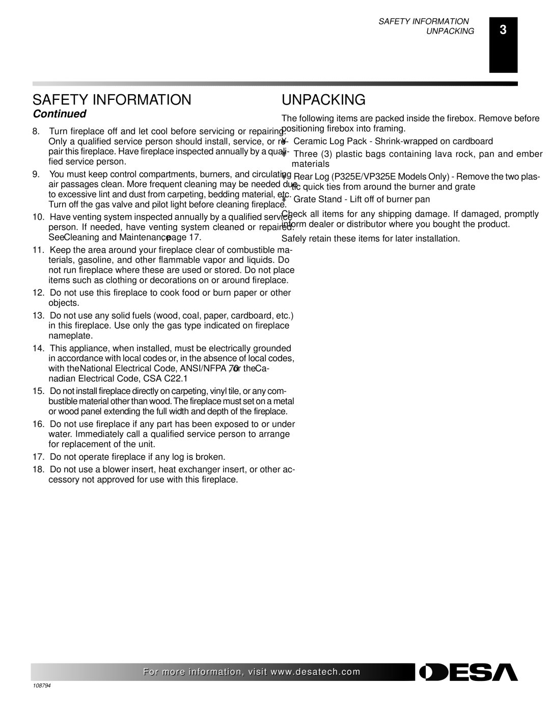 Desa P325E(B), VP325E(B), P324E, VP324E, P325E, VP325E installation manual Unpacking 