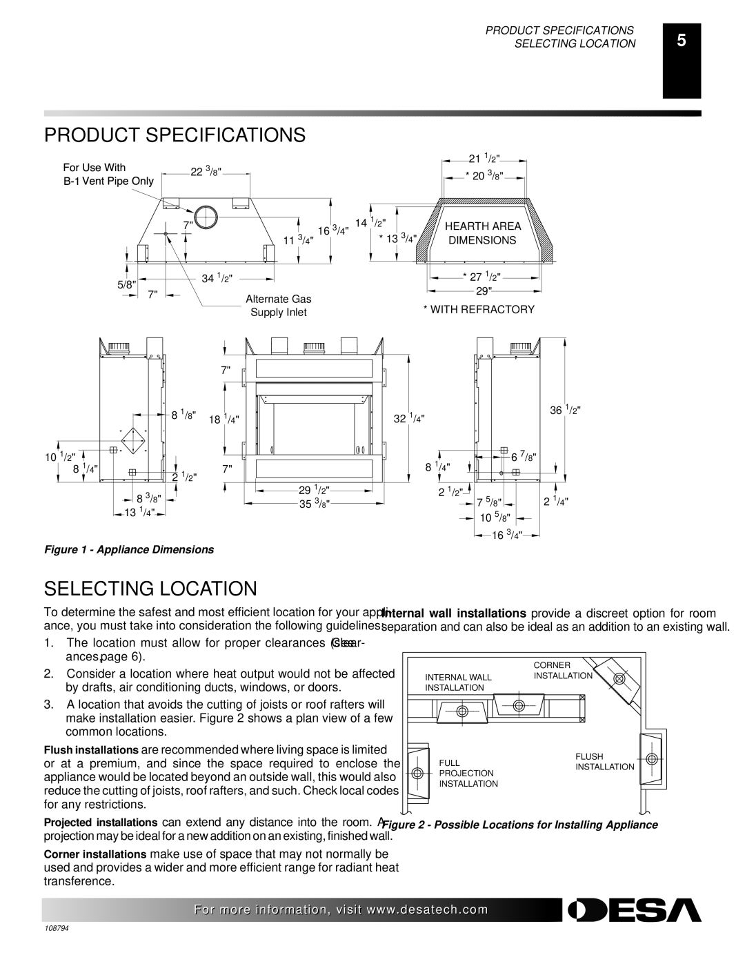 Desa P324E, VP324E, P325E, VP325E, P325E(B), VP325E(B) installation manual Product Specifications, Selecting Location 