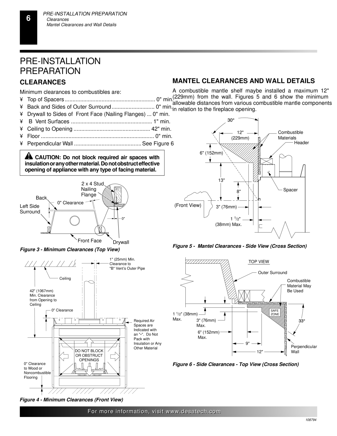 Desa P325E(B), VP325E(B), VP324E installation manual PRE-INSTALLATION Preparation, Mantel Clearances and Wall Details 