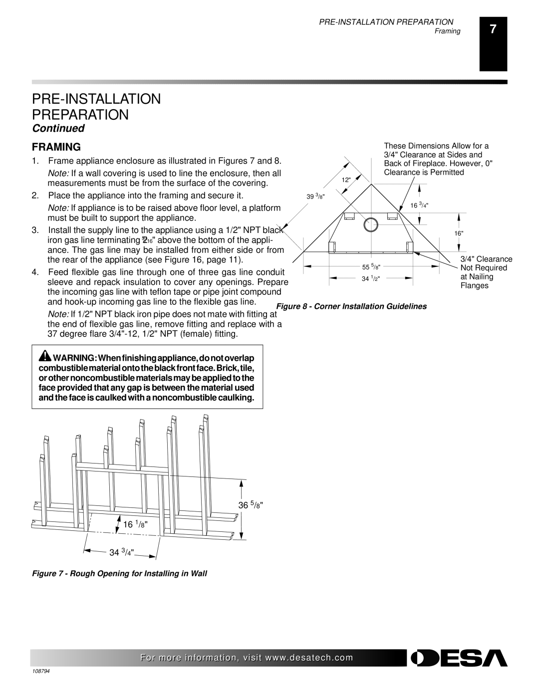 Desa P325E(B), VP325E(B), P324E, VP324E, P325E, VP325E installation manual Framing, Corner Installation Guidelines 