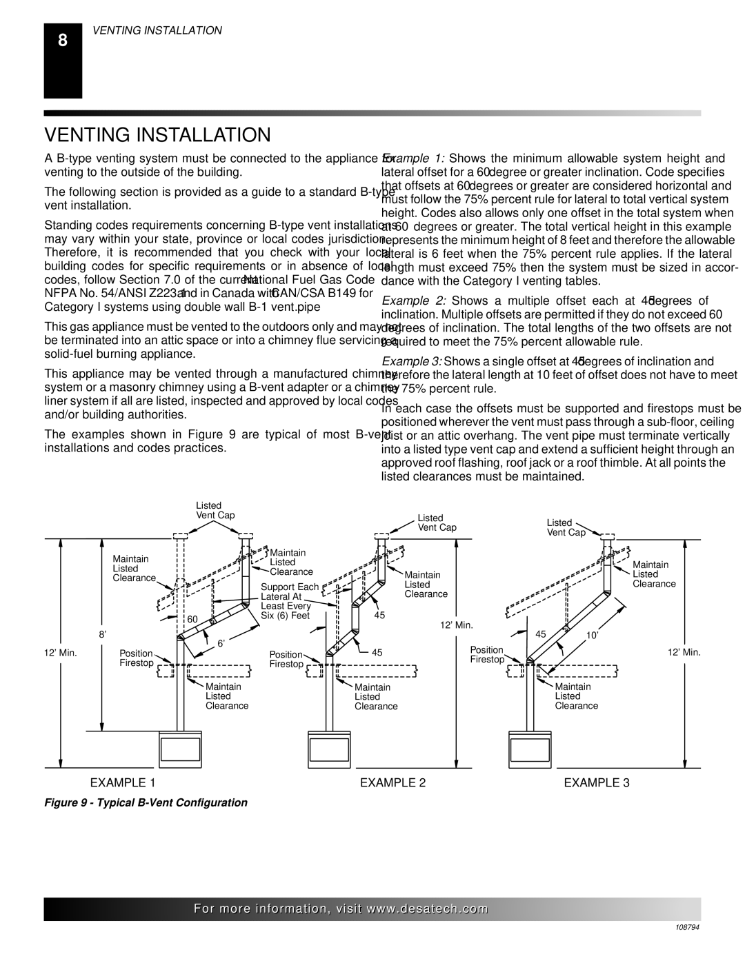 Desa P324E, VP324E, P325E, VP325E, P325E(B), VP325E(B) Venting Installation, Typical B-Vent Configuration 