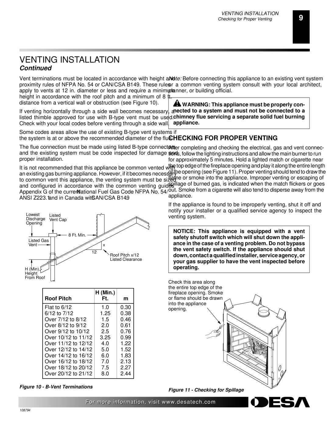 Desa P325E(B), VP325E(B), P324E, VP324E, P325E, VP325E installation manual Checking for Proper Venting, Min Roof Pitch 