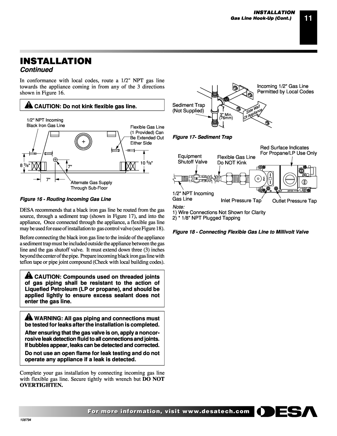 Desa P324E, VP324E, P325E, VP325E, P325E(B), VP325E(B) Installation, Continued, CAUTION Do not kink flexible gas line 