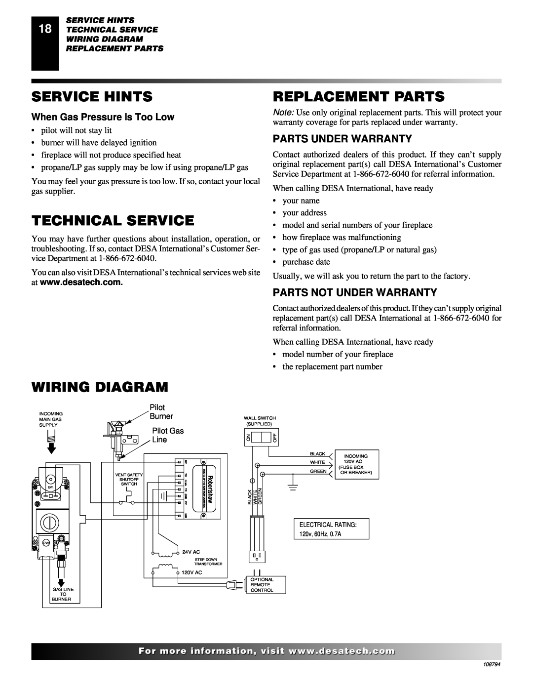 Desa P325E(B), VP325E(B) Service Hints, Technical Service, Replacement Parts, Wiring Diagram, When Gas Pressure Is Too Low 